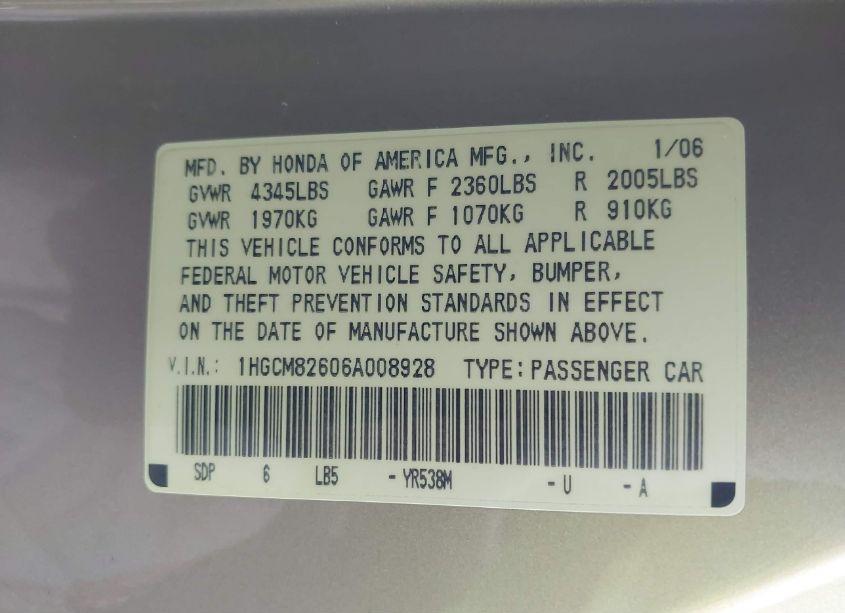 Photo 9 of 2006 Honda Accord 3.0 EX (VIN 1HGCM82606A008928)