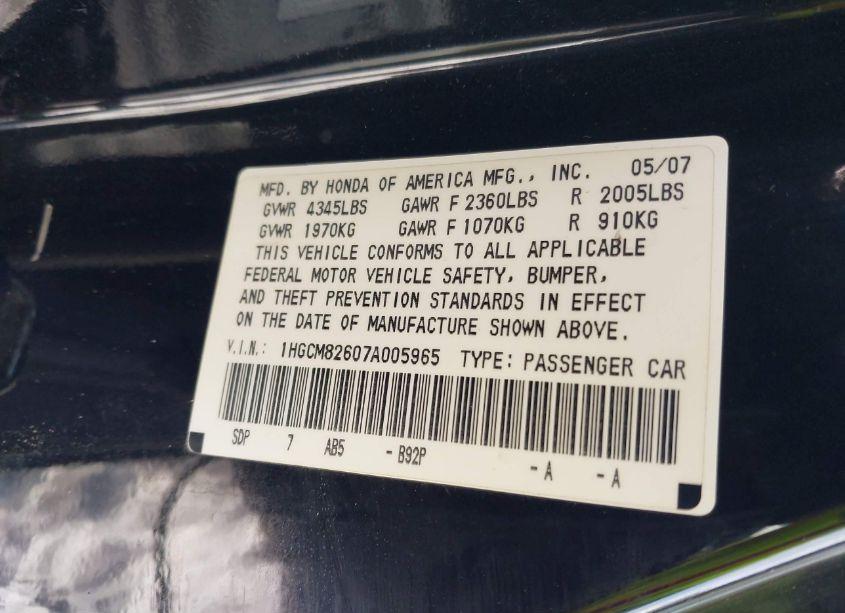 Photo 9 of 2007 Honda Accord 3.0 EX (VIN 1HGCM82607A005965)