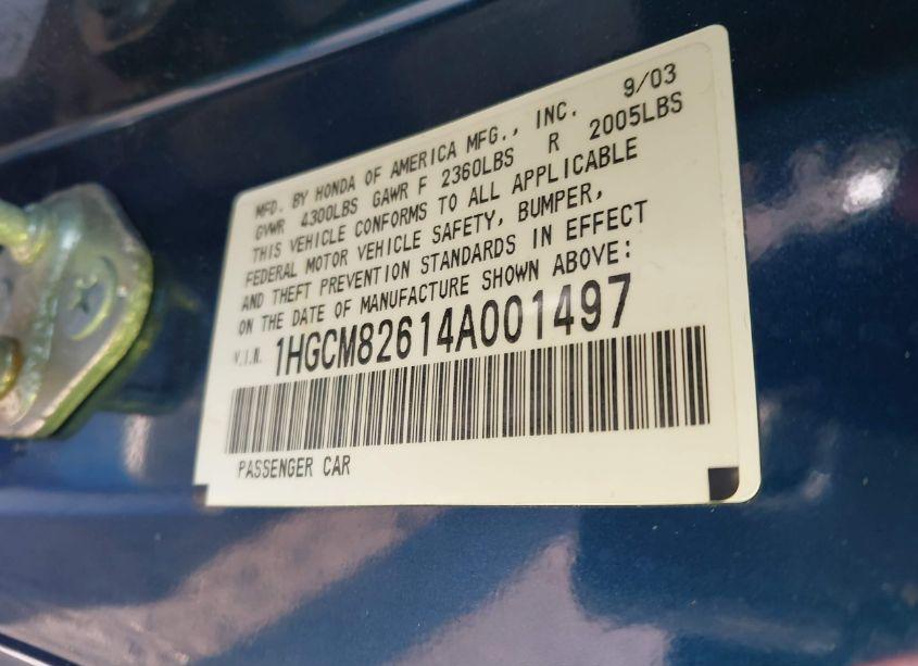 Photo 9 of 2004 Honda Accord 3.0 EX (VIN 1HGCM82614A001497)
