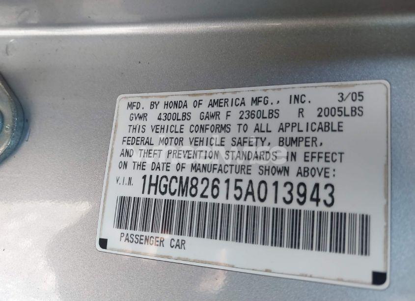 Photo 9 of 2005 Honda Accord 3.0 EX (VIN 1HGCM82615A013943)