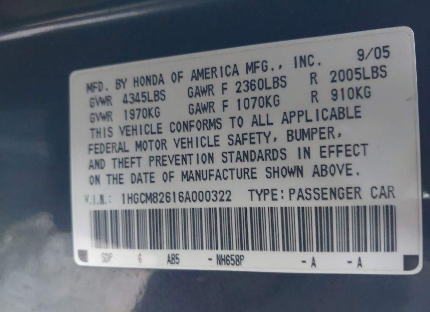 Photo 9 of 2006 Honda Accord 3.0 EX (VIN 1HGCM82616A000322)