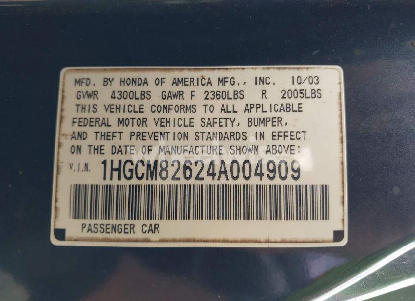 Photo 9 of 2004 Honda Accord 3.0 EX (VIN 1HGCM82624A004909)