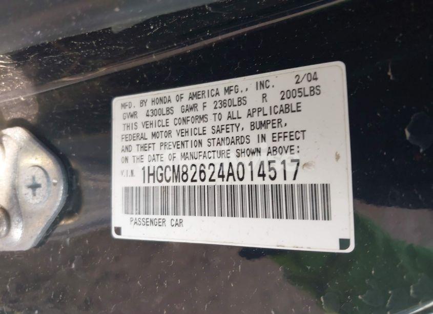 Photo 9 of 2004 Honda Accord 3.0 EX (VIN 1HGCM82624A014517)