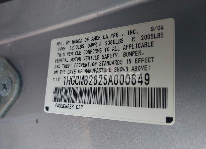 Photo 9 of 2005 Honda Accord 3.0 EX (VIN 1HGCM82625A000649)