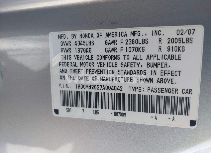 Photo 9 of 2007 Honda Accord 3.0 EX (VIN 1HGCM82627A004042)