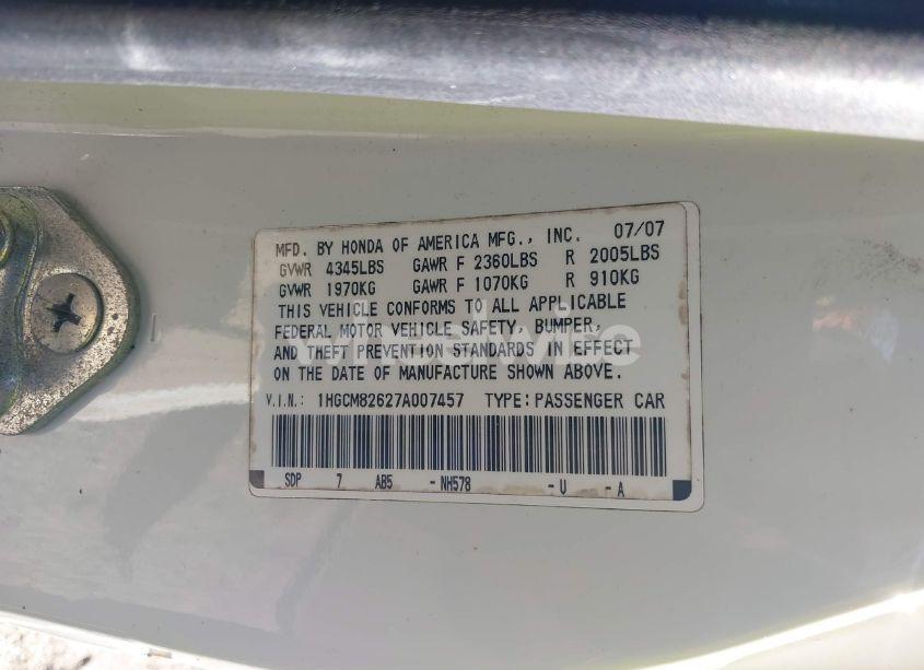 Photo 9 of 2007 Honda Accord 3.0 EX (VIN 1HGCM82627A007457)