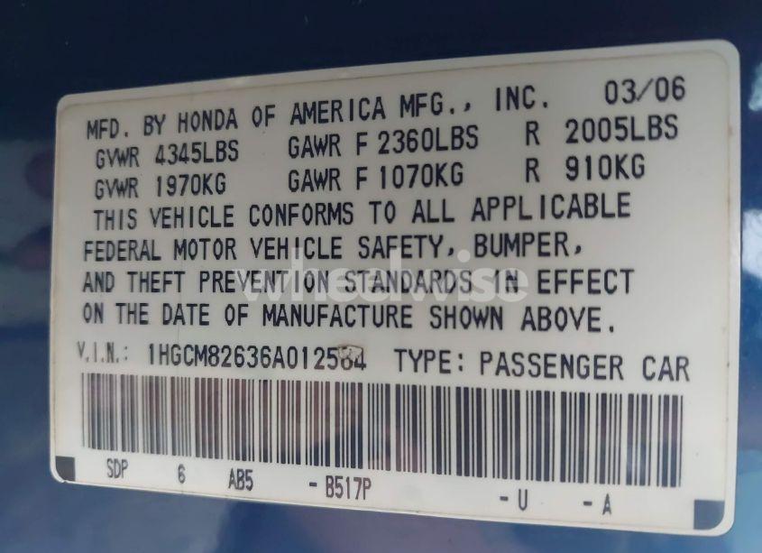 Photo 9 of 2006 Honda Accord 3.0 EX (VIN 1HGCM82636A012584)