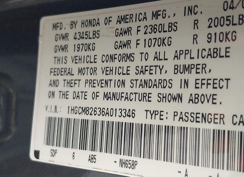 Photo 9 of 2006 Honda Accord 3.0 EX (VIN 1HGCM82636A013346)