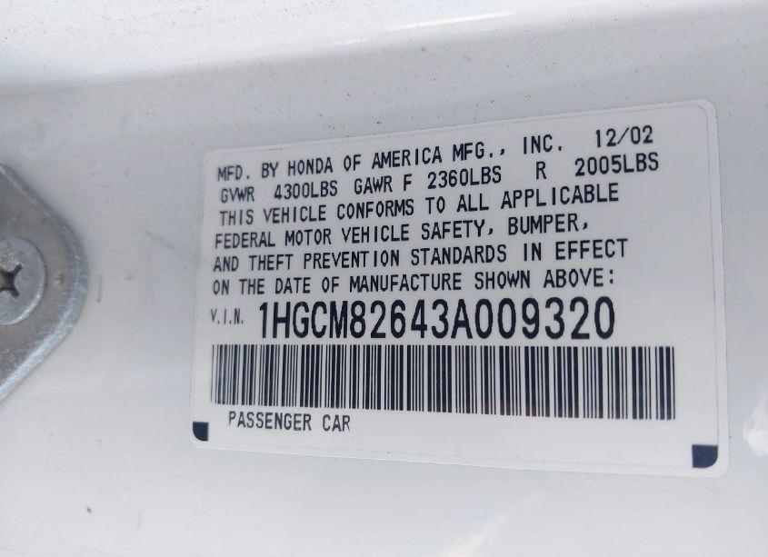 Photo 9 of 2003 Honda Accord 3.0 EX (VIN 1HGCM82643A009320)