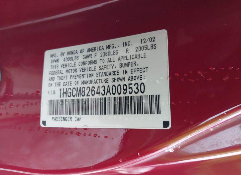 Photo 9 of 2003 Honda Accord 3.0 EX (VIN 1HGCM82643A009530)