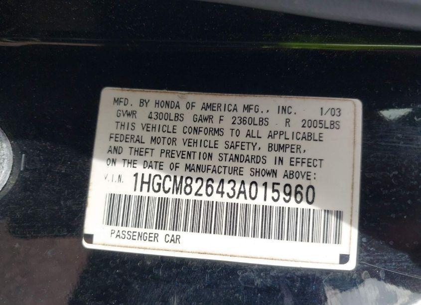 Photo 9 of 2003 Honda Accord 3.0 EX (VIN 1HGCM82643A015960)
