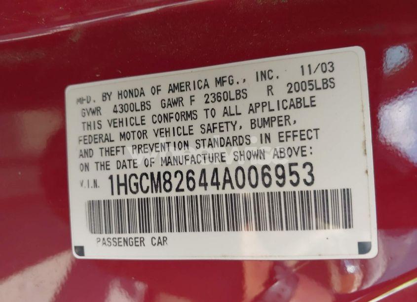 Photo 9 of 2004 Honda Accord EX (VIN 1HGCM82644A006953)