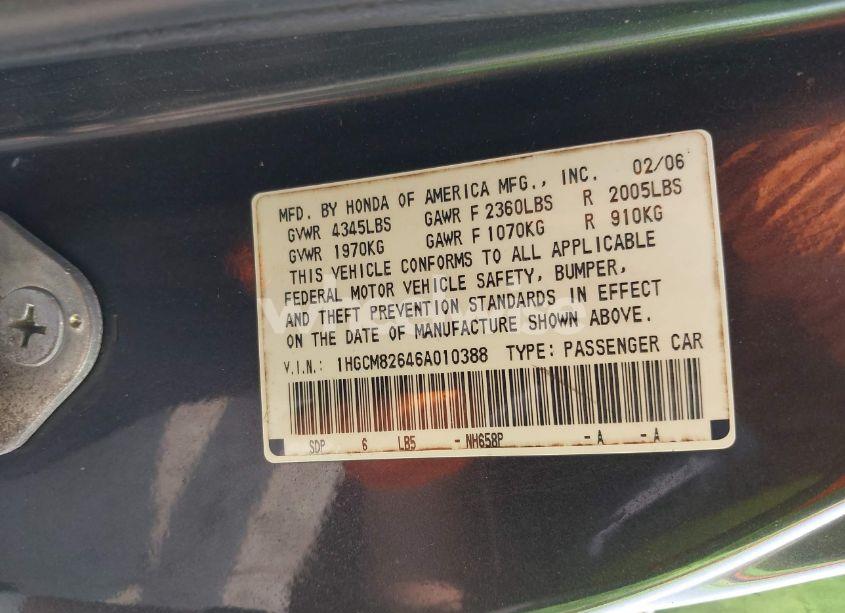 Photo 9 of 2006 Honda Accord 3.0 EX (VIN 1HGCM82646A010388)