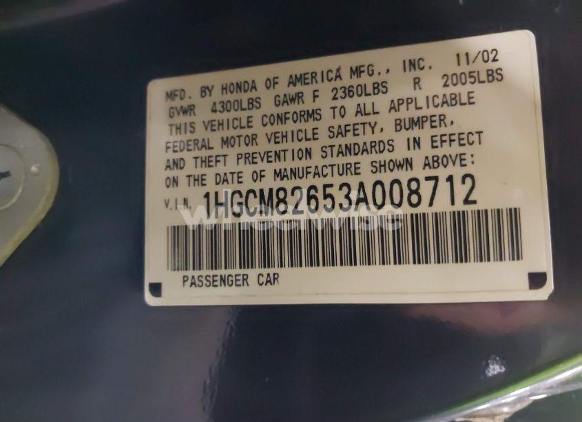 Photo 9 of 2003 Honda Accord 3.0 EX (VIN 1HGCM82653A008712)