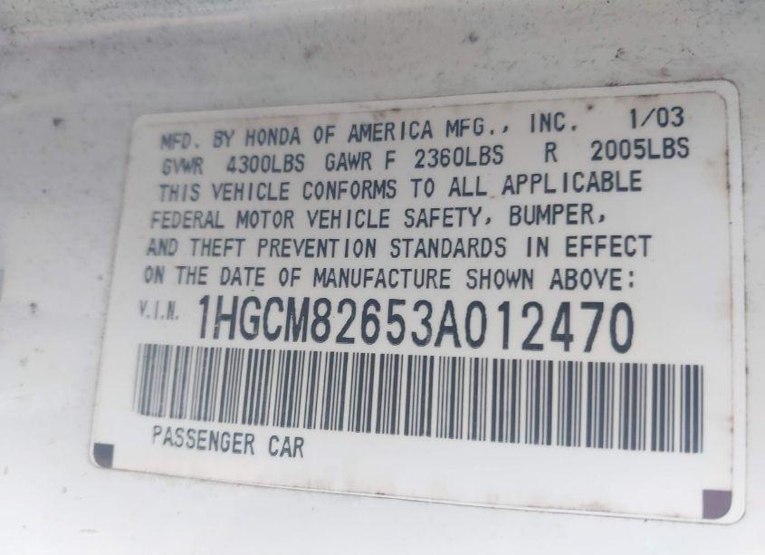 Photo 9 of 2003 Honda Accord 3.0 EX (VIN 1HGCM82653A012470)