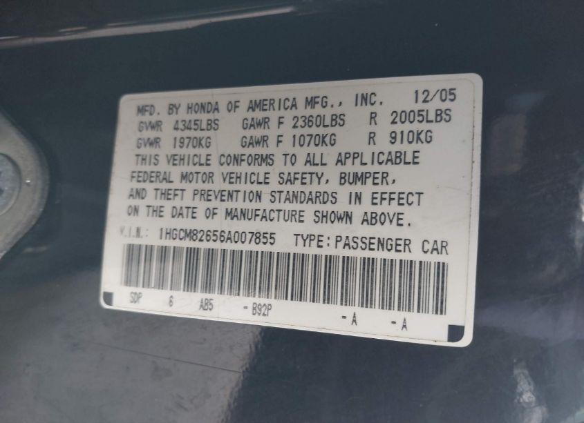 Photo 9 of 2006 Honda Accord 3.0 EX (VIN 1HGCM82656A007855)