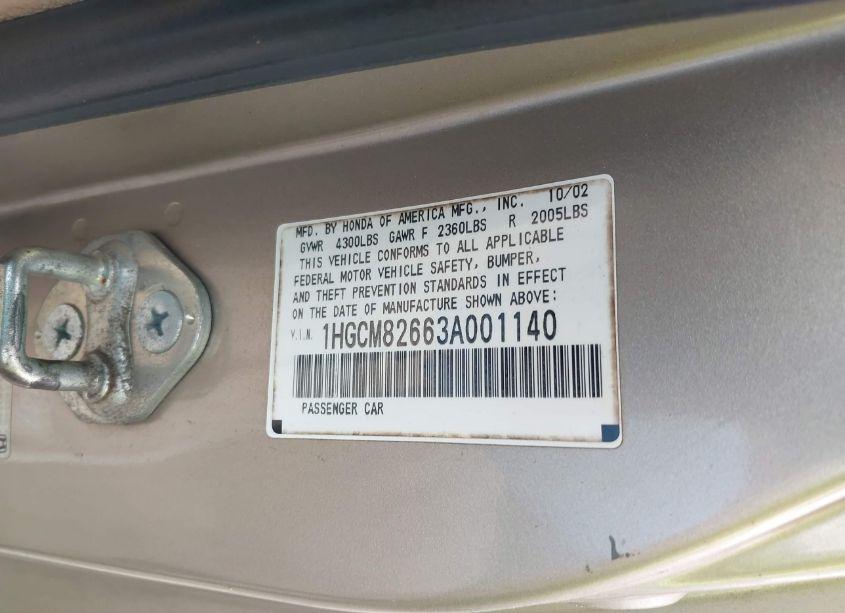Photo 9 of 2003 Honda Accord 3.0 EX (VIN 1HGCM82663A001140)