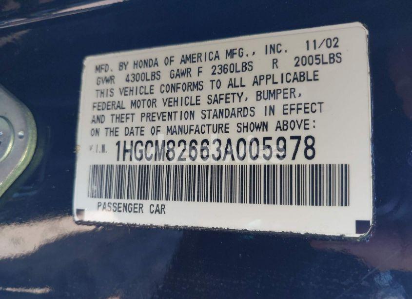 Photo 9 of 2003 Honda Accord 3.0 EX (VIN 1HGCM82663A005978)