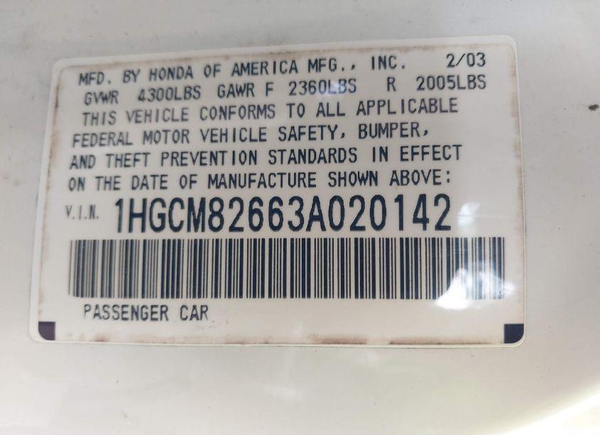 Photo 9 of 2003 Honda Accord 3.0 EX (VIN 1HGCM82663A020142)