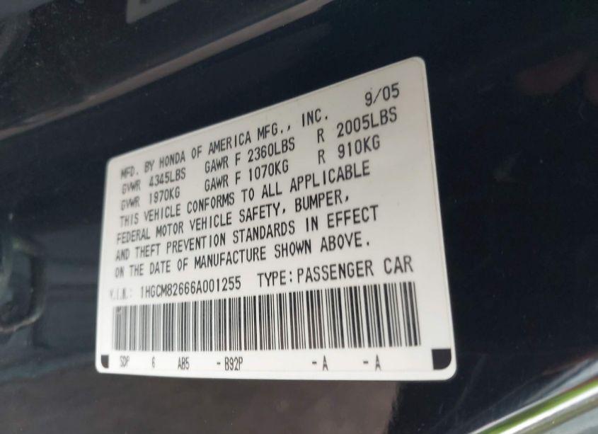 Photo 9 of 2006 Honda Accord 3.0 EX (VIN 1HGCM82666A001255)