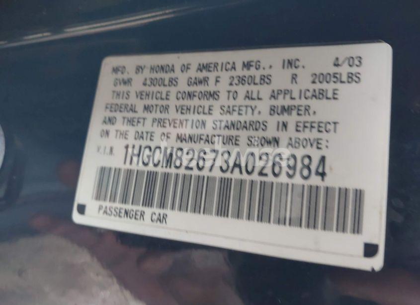 Photo 9 of 2003 Honda Accord 3.0 EX (VIN 1HGCM82673A026984)