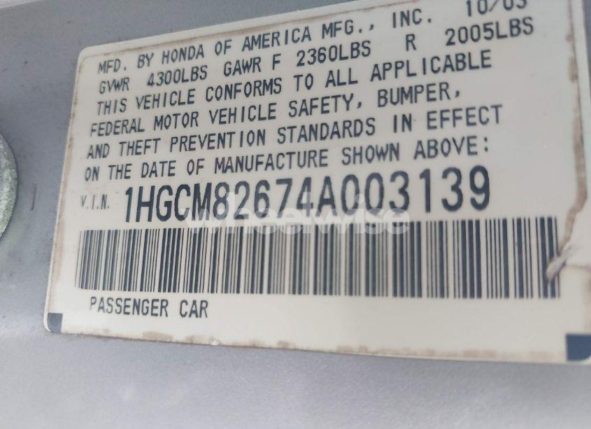 Photo 9 of 2004 Honda Accord 3.0 EX (VIN 1HGCM82674A003139)