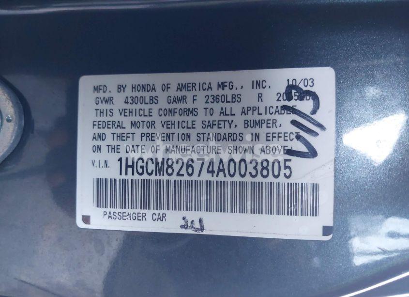 Photo 9 of 2004 Honda Accord 3.0 EX (VIN 1HGCM82674A003805)