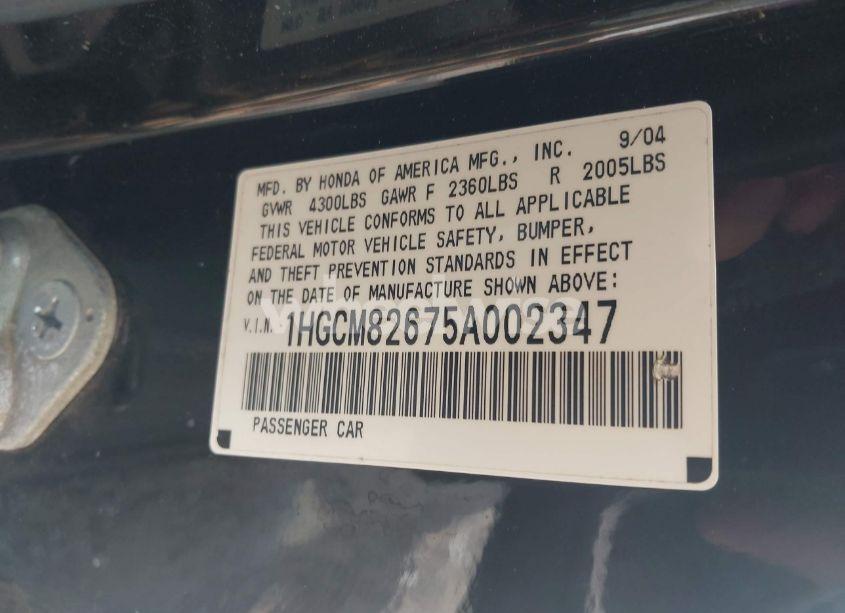 Photo 9 of 2005 Honda Accord 3.0 EX (VIN 1HGCM82675A002347)