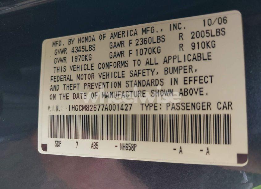 Photo 9 of 2007 Honda Accord 3.0 EX (VIN 1HGCM82677A001427)
