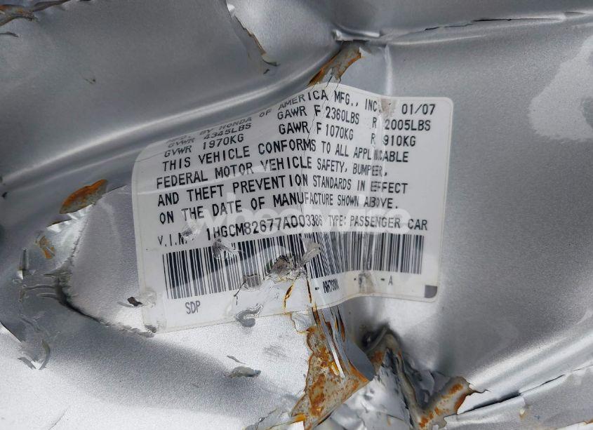 Photo 9 of 2007 Honda Accord 3.0 EX (VIN 1HGCM82677A003386)