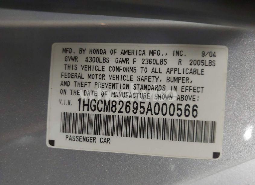 Photo 9 of 2005 Honda Accord 3.0 EX (VIN 1HGCM82695A000566)