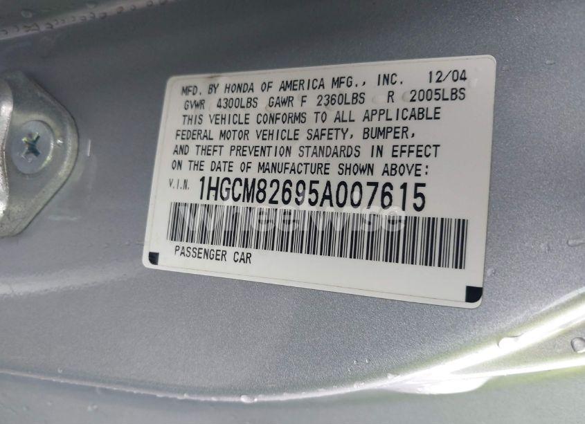 Photo 9 of 2005 Honda Accord 3.0 EX (VIN 1HGCM82695A007615)