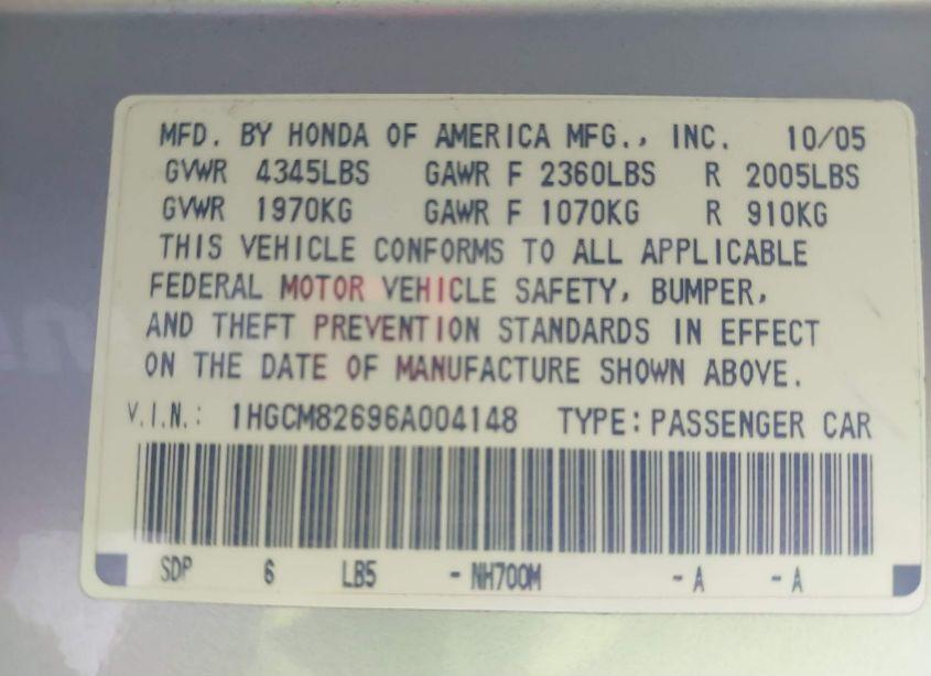 Photo 9 of 2006 Honda Accord 3.0 EX (VIN 1HGCM82696A004148)