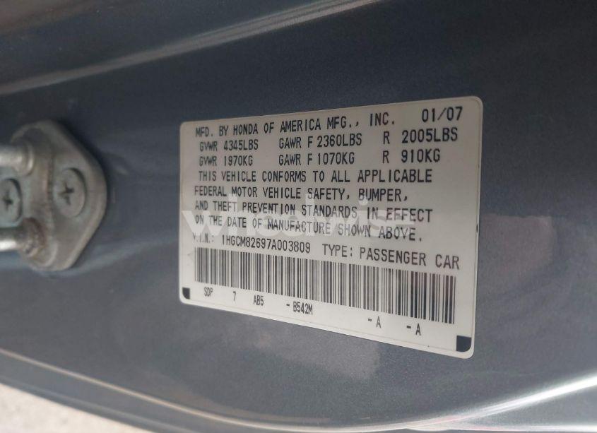 Photo 9 of 2007 Honda Accord 3.0 EX (VIN 1HGCM82697A003809)