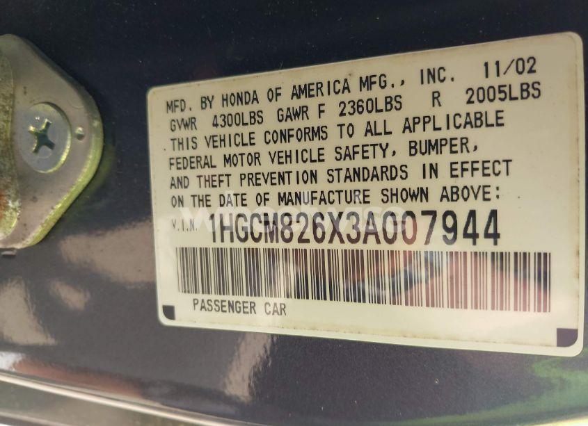 Photo 9 of 2003 Honda Accord 3.0 EX (VIN 1HGCM826X3A007944)