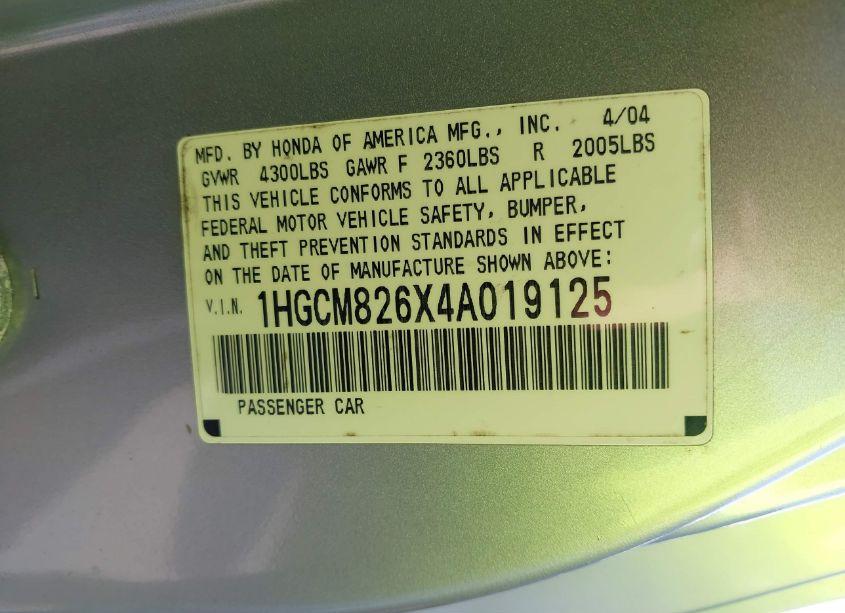 Photo 9 of 2004 Honda Accord 3.0 EX (VIN 1HGCM826X4A019125)