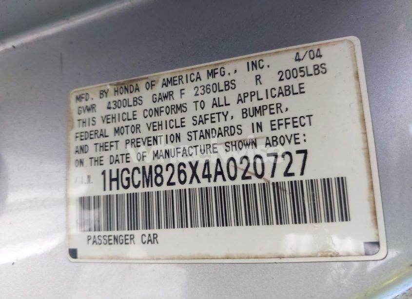 Photo 9 of 2004 Honda Accord EX (VIN 1HGCM826X4A020727)