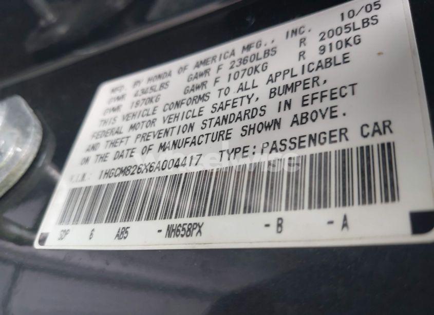 Photo 9 of 2006 Honda Accord 3.0 EX (VIN 1HGCM826X6A004417)