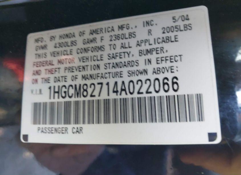 Photo 9 of 2004 Honda Accord 3.0 EX (VIN 1HGCM82714A022066)