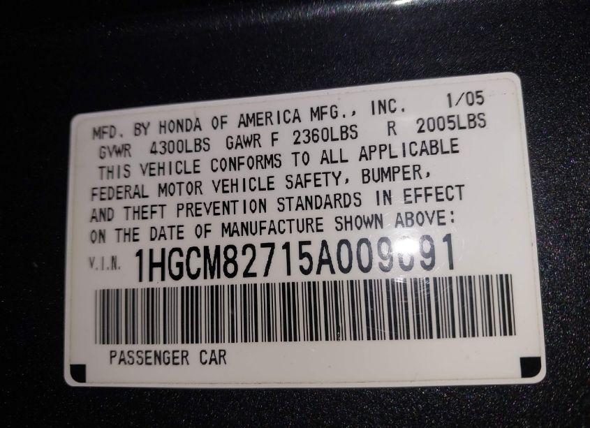 Photo 9 of 2005 Honda Accord 3.0 EX (VIN 1HGCM82715A009691)