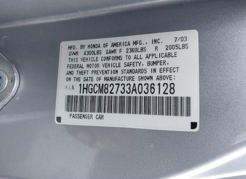 Photo 9 of 2003 Honda Accord 3.0 EX (VIN 1HGCM82733A036128)