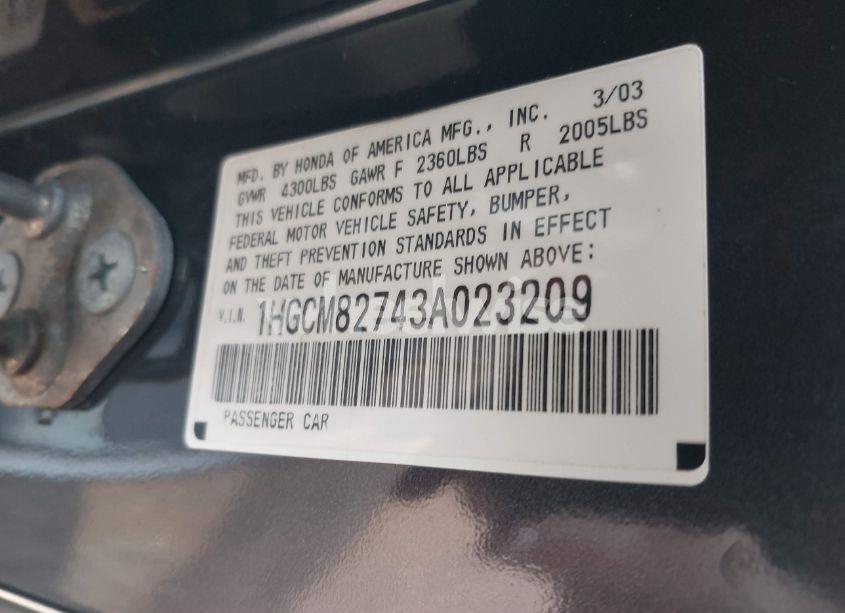 Photo 9 of 2003 Honda Accord 3.0 EX (VIN 1HGCM82743A023209)