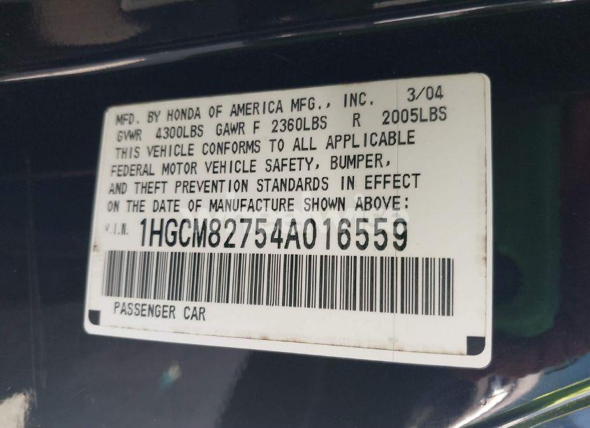Photo 9 of 2004 Honda Accord 3.0 EX (VIN 1HGCM82754A016559)