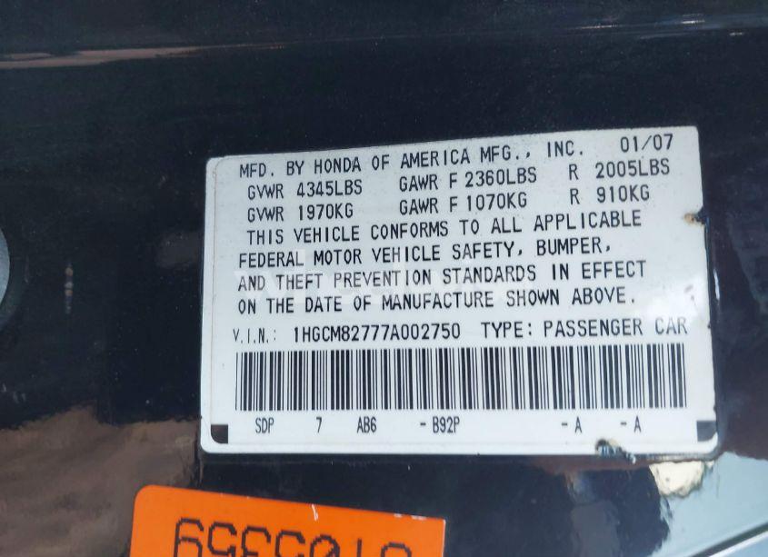 Photo 9 of 2007 Honda Accord 3.0 EX (VIN 1HGCM82777A002750)