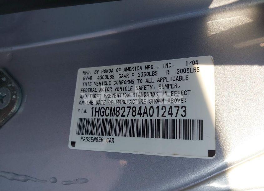 Photo 9 of 2004 Honda Accord 3.0 EX (VIN 1HGCM82784A012473)
