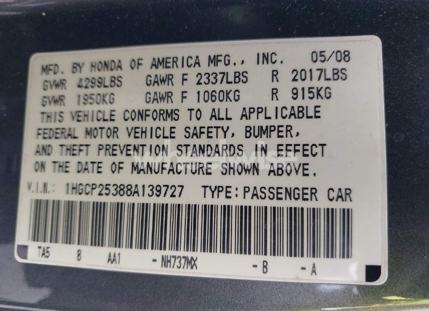 Photo 9 of 2008 Honda Accord 2.4 LX (VIN 1HGCP25388A139727)
