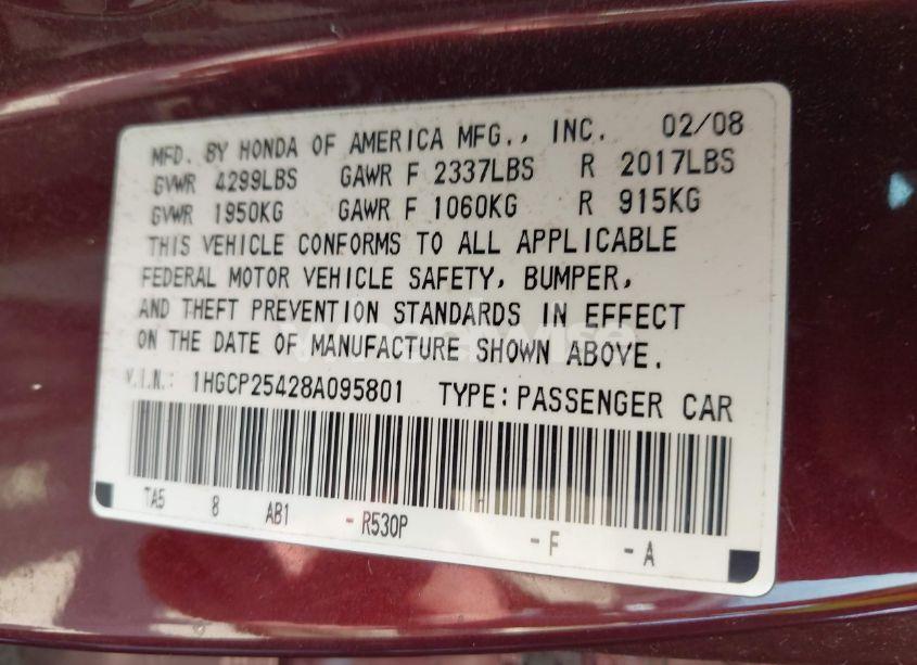Photo 9 of 2008 Honda Accord 2.4 LX-P (VIN 1HGCP25428A095801)