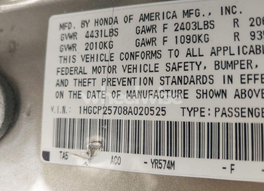 Photo 9 of 2008 Honda Accord 2.4 EX (VIN 1HGCP25708A020525)