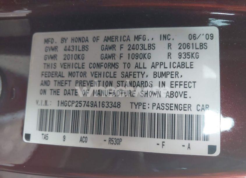 Photo 9 of 2009 Honda Accord 2.4 EX (VIN 1HGCP25749A163348)
