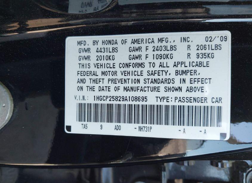 Photo 9 of 2009 Honda Accord 2.4 EX-L (VIN 1HGCP25829A108695)